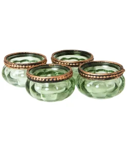 Set Of 4 Lambent Leaf Green Glass Tealight Holders