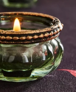 Set Of 4 Lambent Leaf Green Glass Tealight Holders
