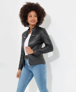 Victoria Zip Up Leather Biker Jacket